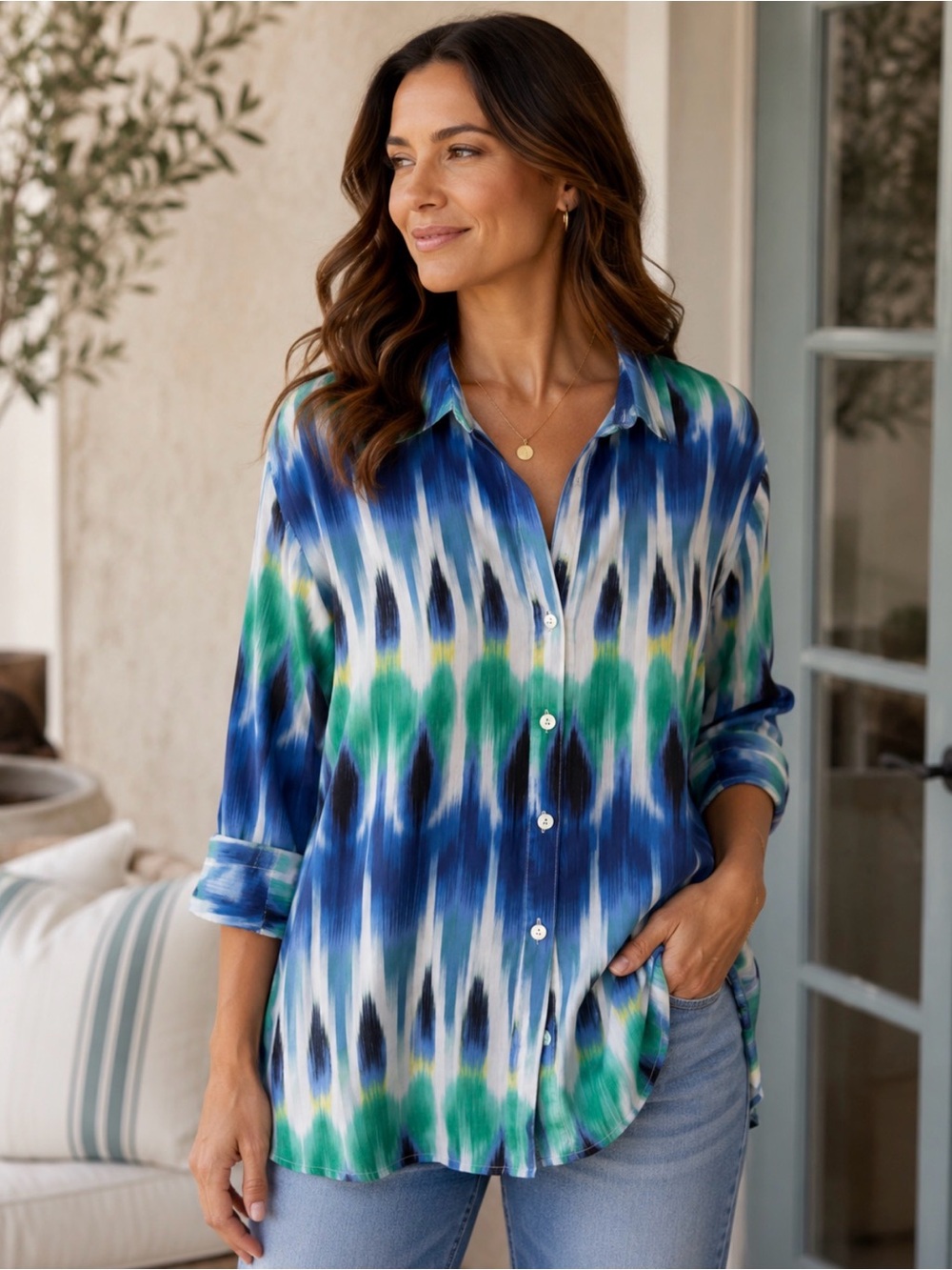 Chico's Blue, Green & White Ikat-Print Button-Down Shirt